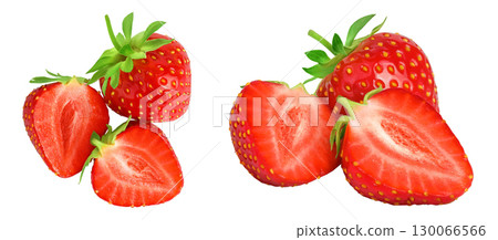 Strawberry half isolated on white background. Fresh berry with depth of field. Top view. Flat lay. Strawberry half isolated on white background. Fresh berry with depth of field. Top view. Flat lay. 130066566