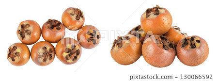 Brown fresh medlars isolated on white background. Mespilus germanica . Top view. Flat lay 130066592