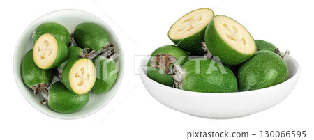 Feijoa fruit in ceramic bowl isolated on white background. Top view. Flat lay Feijoa fruit in ceramic bowl isolated on white background. Top view. Flat lay 130066595