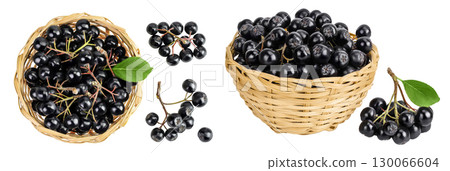 Chokeberry with leaf in a wicker basket isolated on white background. Black aronia. Top view. Flat lay 130066604