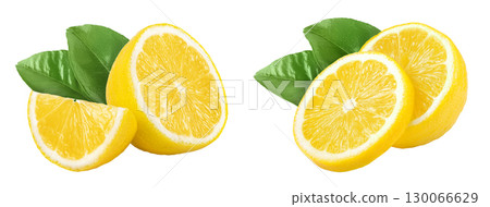 Ripe lemon half and slice isolated on white background with full depth of field. Ripe lemon half and slice isolated on white background with full depth of field. 130066629