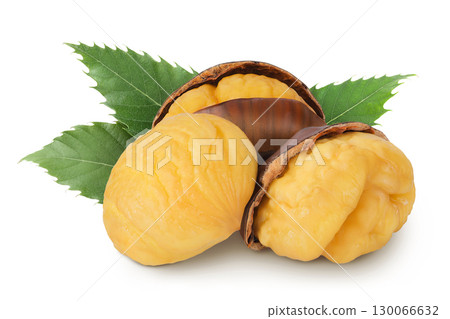 roasted peeled chestnut isolated on white background wit full depth of field. roasted peeled chestnut isolated on white background wit full depth of field. 130066632