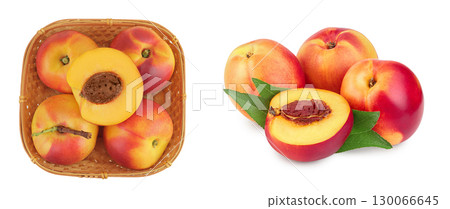 Ripe nectarine fruit with half in a wicker basket isolated on white background with full depth of field. Top view. Flat lay Ripe nectarine fruit with half in a wicker basket isolated on white background with full depth of field. Top view. Flat lay 130066645