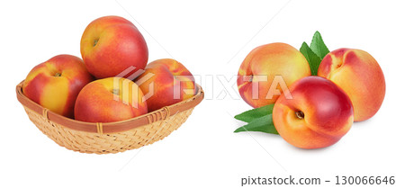 Ripe nectarine fruit in a wicker basket isolated on white background with full depth of field Ripe nectarine fruit in a wicker basket isolated on white background with full depth of field 130066646