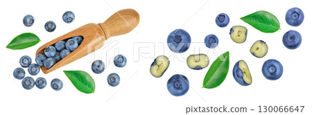 blueberry in wooden scoop isolated on white background. Top view. Flat lay. 130066647