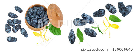 Fresh honeysuckle blue berry in wooden bowl isolated on white background with full depth of field. Top view. Flat lay 130066649