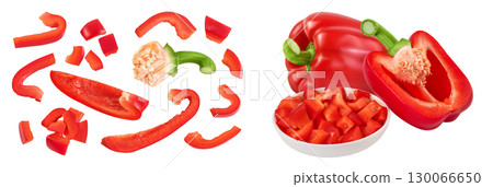 slices of red sweet bell pepper isolated on white background. Top view. Flat lay slices of red sweet bell pepper isolated on white background. Top view. Flat lay 130066650