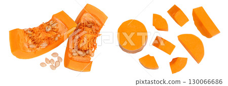butternut squash piece isolated on white background with full depth of field. Top view. Flat lay 130066686
