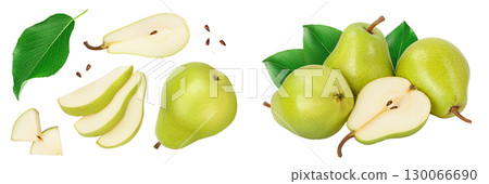 Green pear fruit with slices isolated on white background . Top view. Flat lay 130066690
