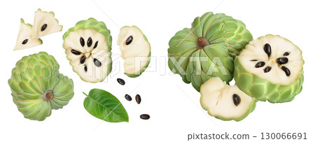 Sugar apple or custard apple isolated on white background. Exotic tropical Thai annona or cherimoya fruit. Top view. Flat lay Sugar apple or custard apple isolated on white background. Exotic tropical Thai annona or cherimoya fruit. Top view. Flat lay 130066691