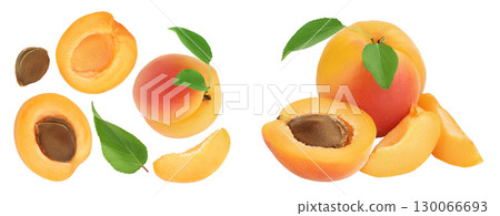 apricot fruit with half and slices isolated on white background. . Top view with copy space for your text. Flat lay apricot fruit with half and slices isolated on white background. . Top view with copy space for your text. Flat lay 130066693