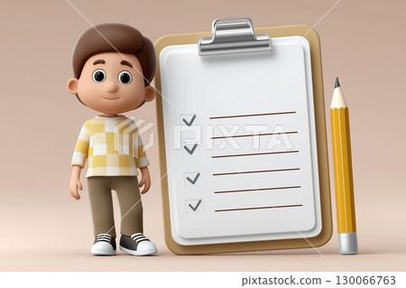 A 3D illustration of a cartoon character in a checkered shirt standing next to a clipboard 130066763
