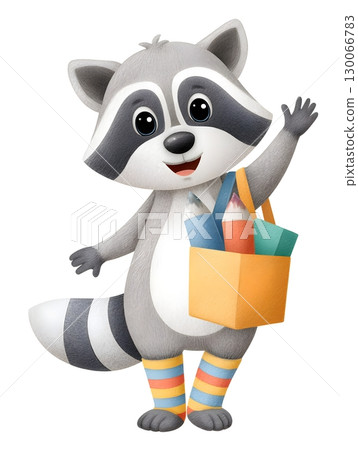 Cute cartoon raccoon waving and holding a shopping bag filled with colorful supplies. 130066783