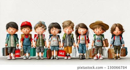 Group of children holding shopping bags and wearing casual outfits with backpacks. 130066784