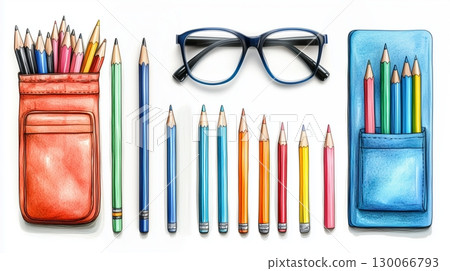 A neatly arranged set of colored pencils, pens, two pencil cases red and blue 130066793