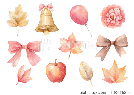Watercolor illustration of autumn-themed objects, including leaves, a bell, bows, a balloon 130066804