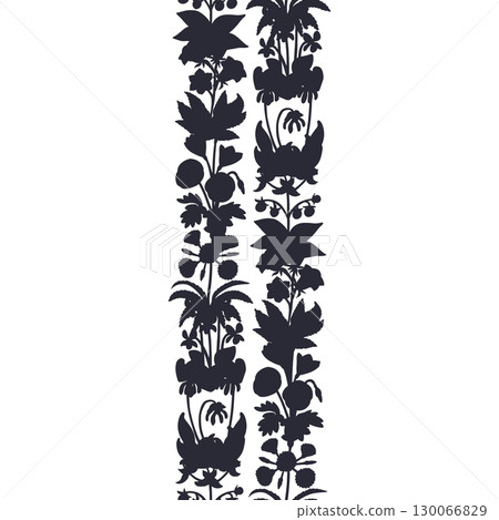Stripe pattern with black silhouette canary islands flowers. Floral vertical seamless border with monochrome hand drawn millefleur Stripe pattern with black silhouette canary islands flowers. Floral vertical seamless border with monochrome hand drawn millefleur 130066829