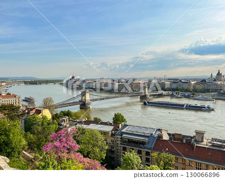 Budapest Hungary Danube River Panorama with Chain Bridge and Parliament Building 130066896