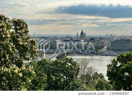 Budapest Hungary Panoramic View Showcasing Chain Bridge and St Stephens Basilica Skyline 130066897