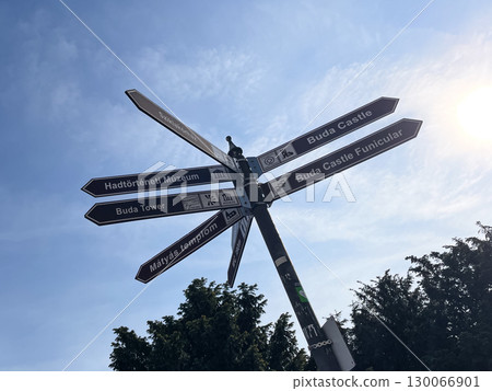 European Tourist Directional Signpost Against Bright Blue Sky in Historic Budapest District 130066901