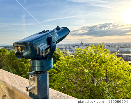 Tourist Telescope Overlooking Budapest Hungary Cityscape from Scenic Observation Deck 130066904