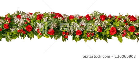 Luxurious Red Rose Garland with Baby's Breath and Ferns on Pure White Background Luxurious Red Rose Garland with Baby's Breath and Ferns on Pure White Background 130066908