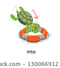 Preposition. Turtle jumps INTO the lifebuoy 130066912