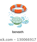 Preposition of place. Turtle BENEATH the lifebuoy 130066917