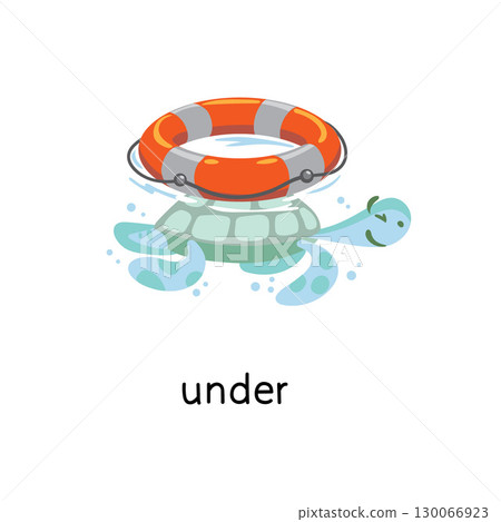 Preposition of place. Turtle UNDER the lifebuoy 130066923
