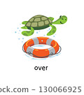 Preposition of place. Turtle OVER the lifebuoy 130066925