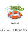 Preposition of place. Turtle BEHIND the lifebuoy 130066927