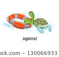 Preposition of place. Turtle AGAINST the lifebuoy 130066933