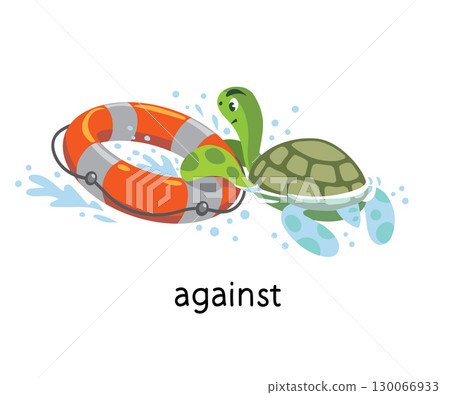 Preposition of place. Turtle AGAINST the lifebuoy 130066933