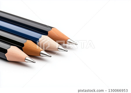 Minimal macro of four sharpened wooden pencils with metal tips arranged in a line on a white background 130066953