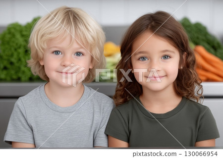 Two smiling children, a boy and a girl, in a bright kitchen with fresh vegetables behind them 130066954