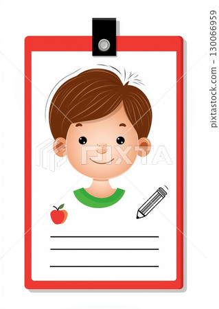School ID badge template with a cute cartoon boy avatar, red frame and clip, pencil and apple icons 130066959