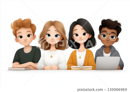 A group of diverse young people sitting together at a table with books and a laptop 130066969