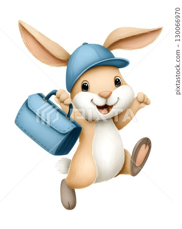 Cute bunny wearing a blue cap and carrying a matching bag, joyfully jumping. Cute bunny wearing a blue cap and carrying a matching bag, joyfully jumping. 130066970