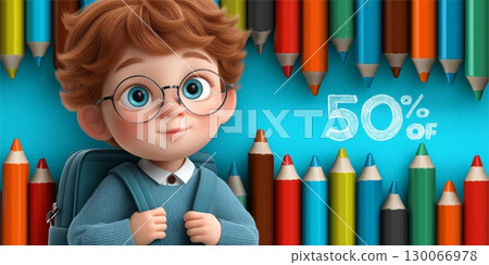 Colorful back-to-school composition featuring vibrant pencils, a backpack, and a "50 off" 130066978