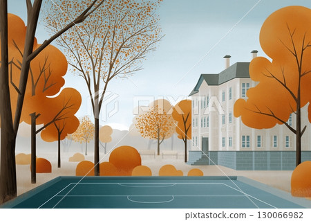 A serene autumn illustration of a school building surrounded by orange trees 130066982