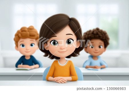 A classroom setting with students sitting at desks, wearing colorful attire. 130066983