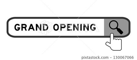Search banner in word grand opening with hand over magnifier icon on white background 130067066