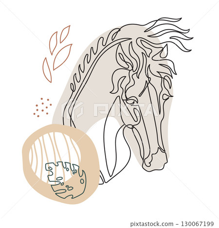Continuous line drawing horse with botanical elements vector 130067199