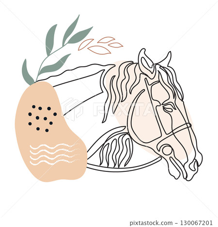 Single line drawing horse with botanical elements vector Single line drawing horse with botanical elements vector 130067201