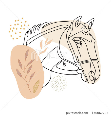 Continuous line drawing horse in bridle with botanical elements Continuous line drawing horse in bridle with botanical elements 130067205