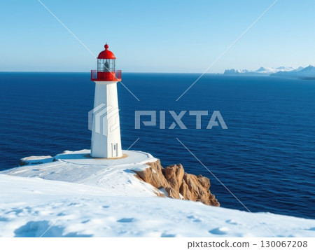 Snowy Coastal Lighthouse on a Winter Day 130067208