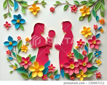 ibrant Paper Cut Family with Colorful Floral Design ibrant Paper Cut Family with Colorful Floral Design 130067212