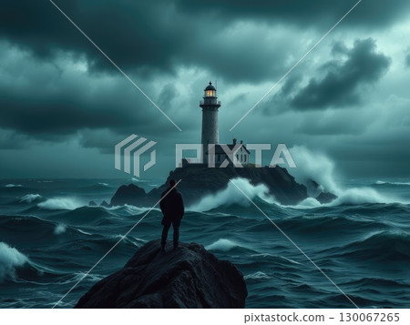 Dramatic Coastal Storm with Lighthouse and Figure Dramatic Coastal Storm with Lighthouse and Figure 130067265