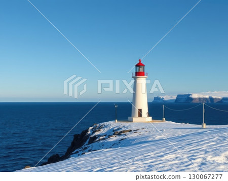 Snowy Coastal Lighthouse on a Winter Day 130067277
