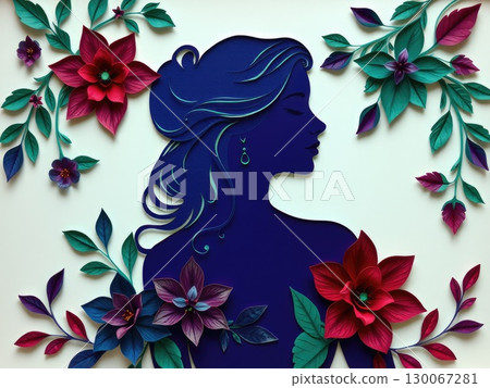 Beautiful Woman in Jewel-Toned Paper Cut Floral 130067281
